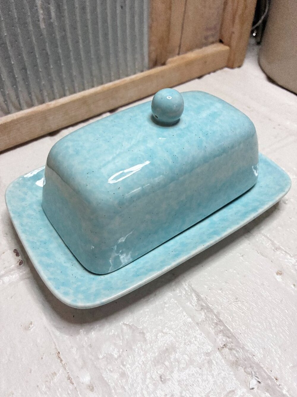 Natural Elements Ceramic Speckled Aqua Blue Butter Dish